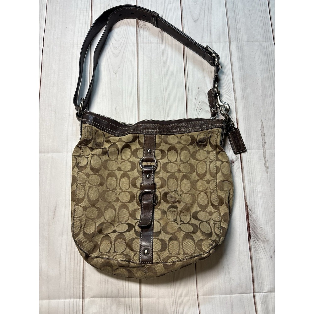 Coach Signature Crossbody Bag Brown Tan Logo Jacquard Leather Trim